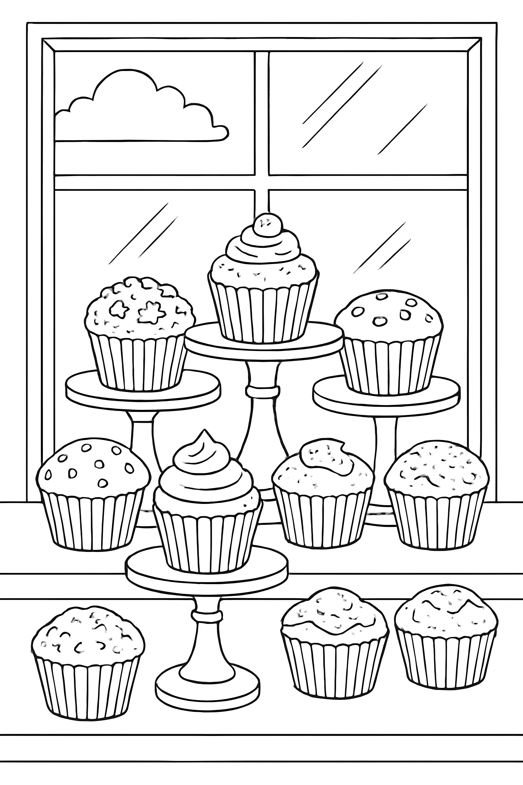 Coloring page depicting a window display with various muffins on cake stands, featuring multiple designs and toppings.