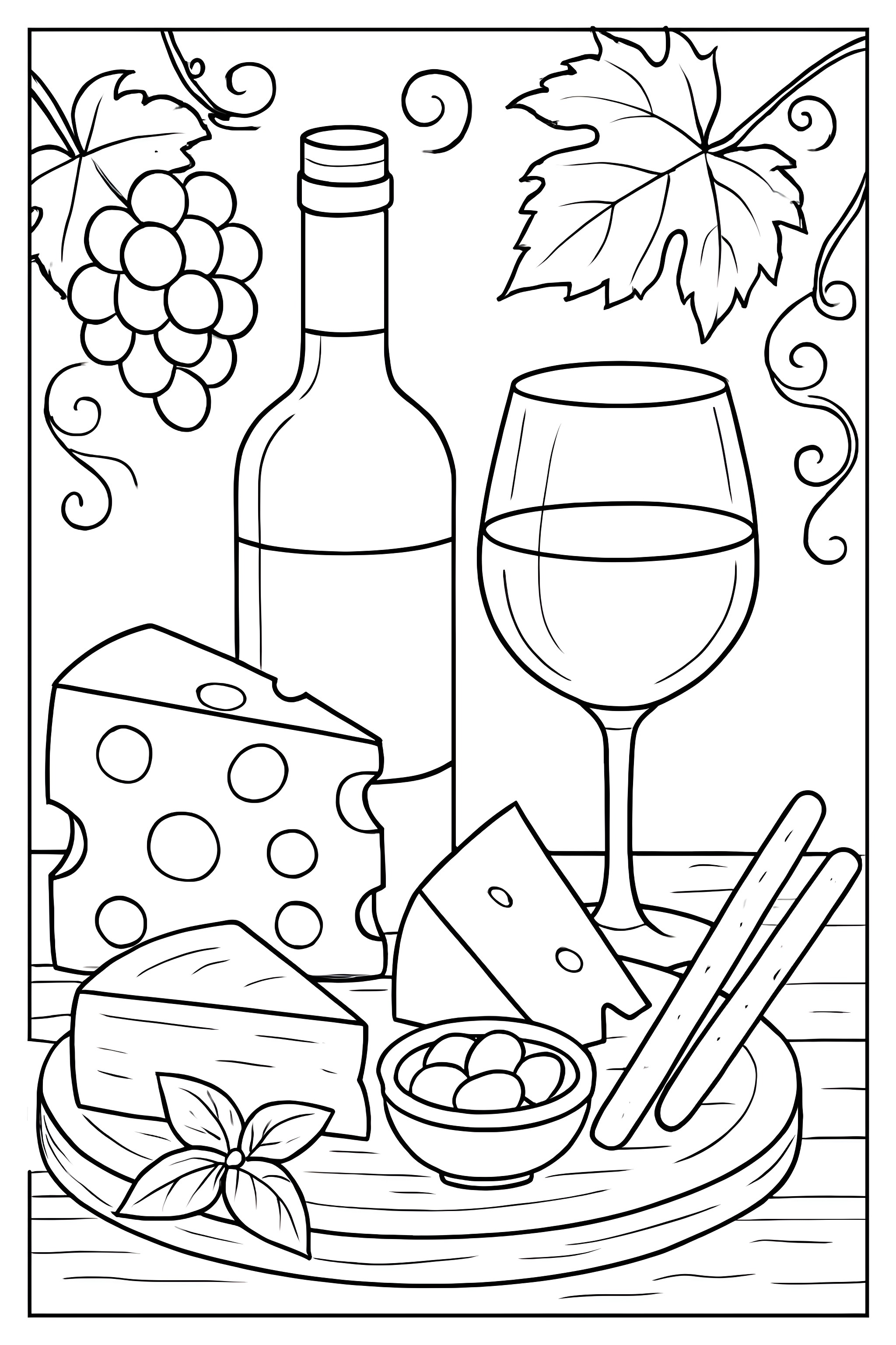 Coloring page featuring a bottle of wine, a glass, assorted cheeses, and decorative grapes