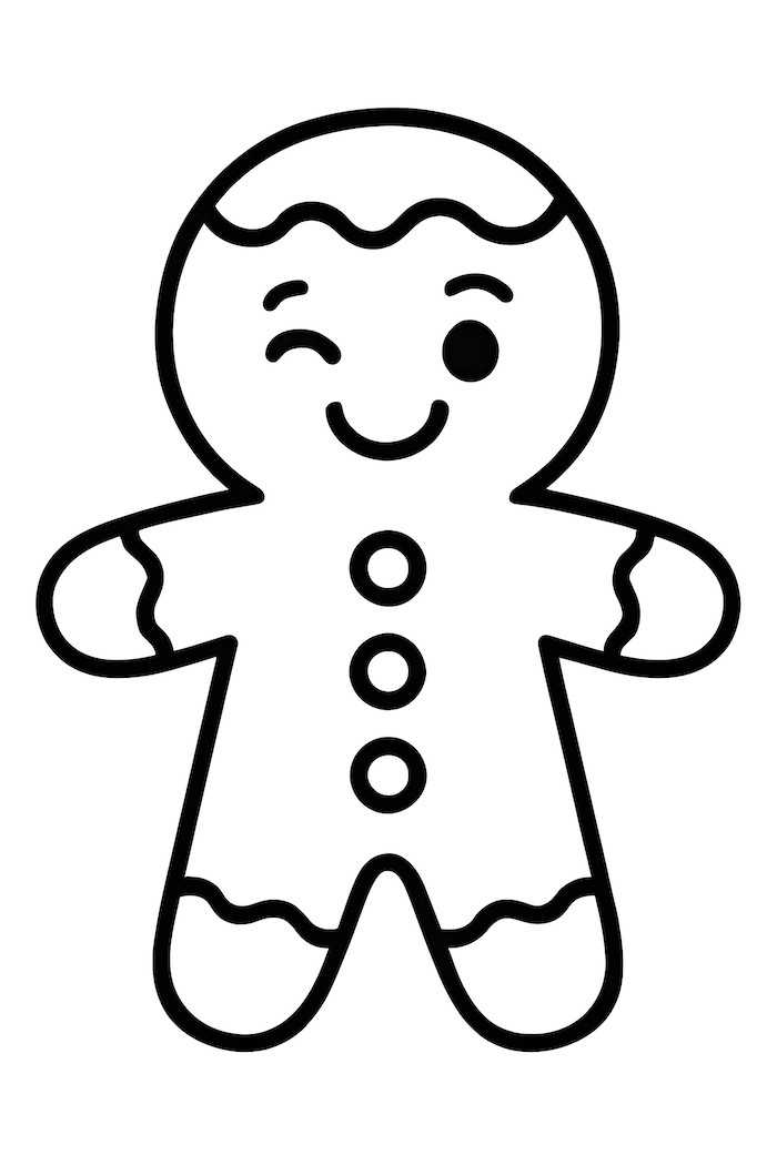 Coloring page of a gingerbread man with a winking face, buttons, and icing details