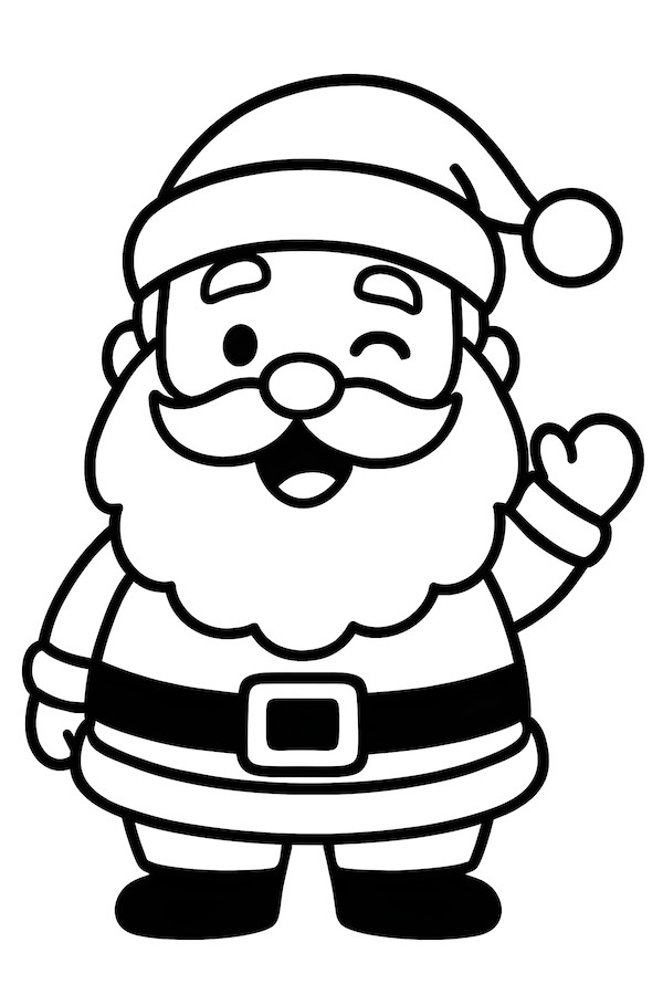 Coloring page of a smiling Santa Claus winking and waving, wearing a traditional red suit and hat