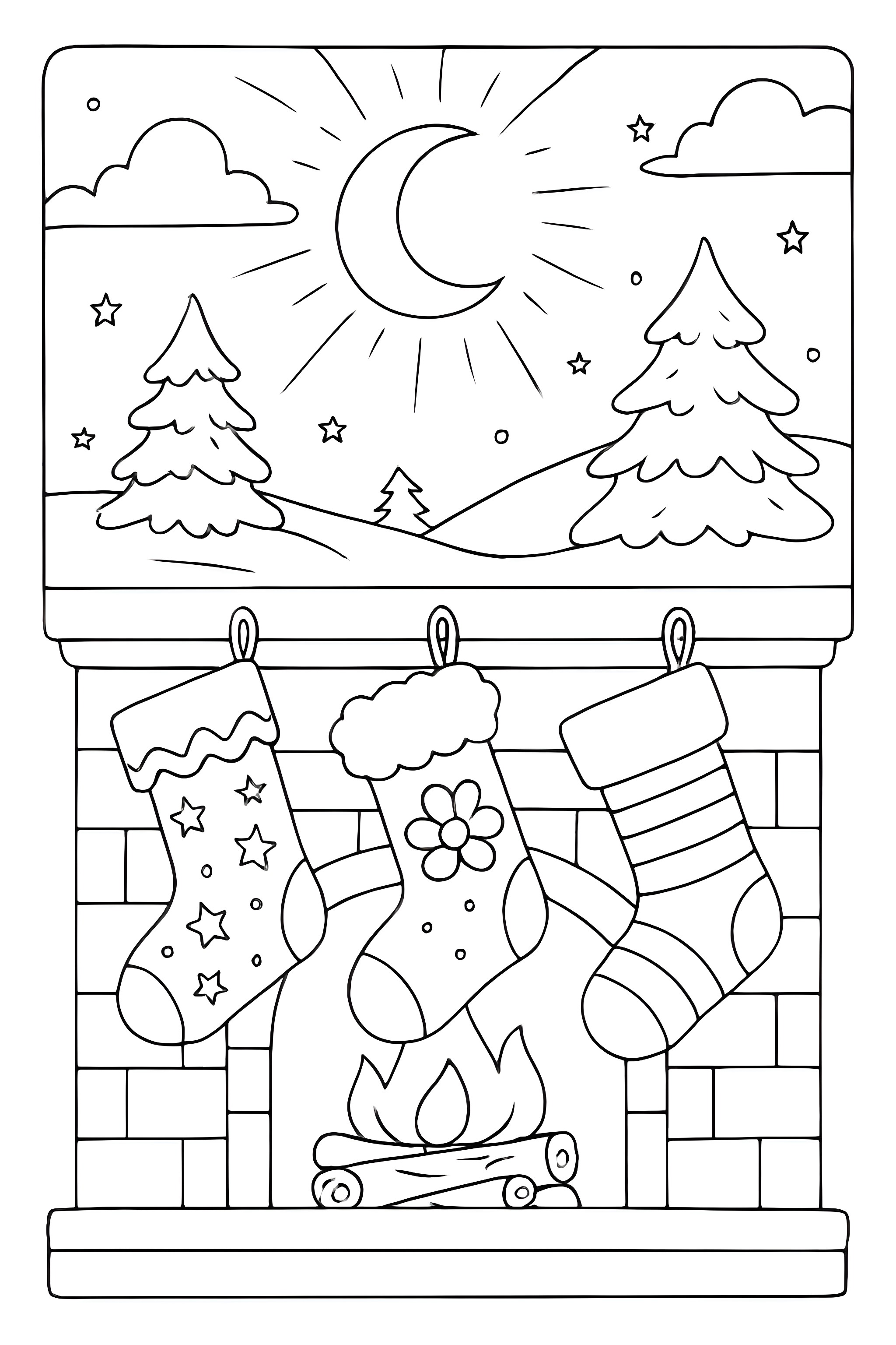 Coloring page depicting a winter night scene featuring stockings hanging above a fireplace with a glowing moon and stars in the sky