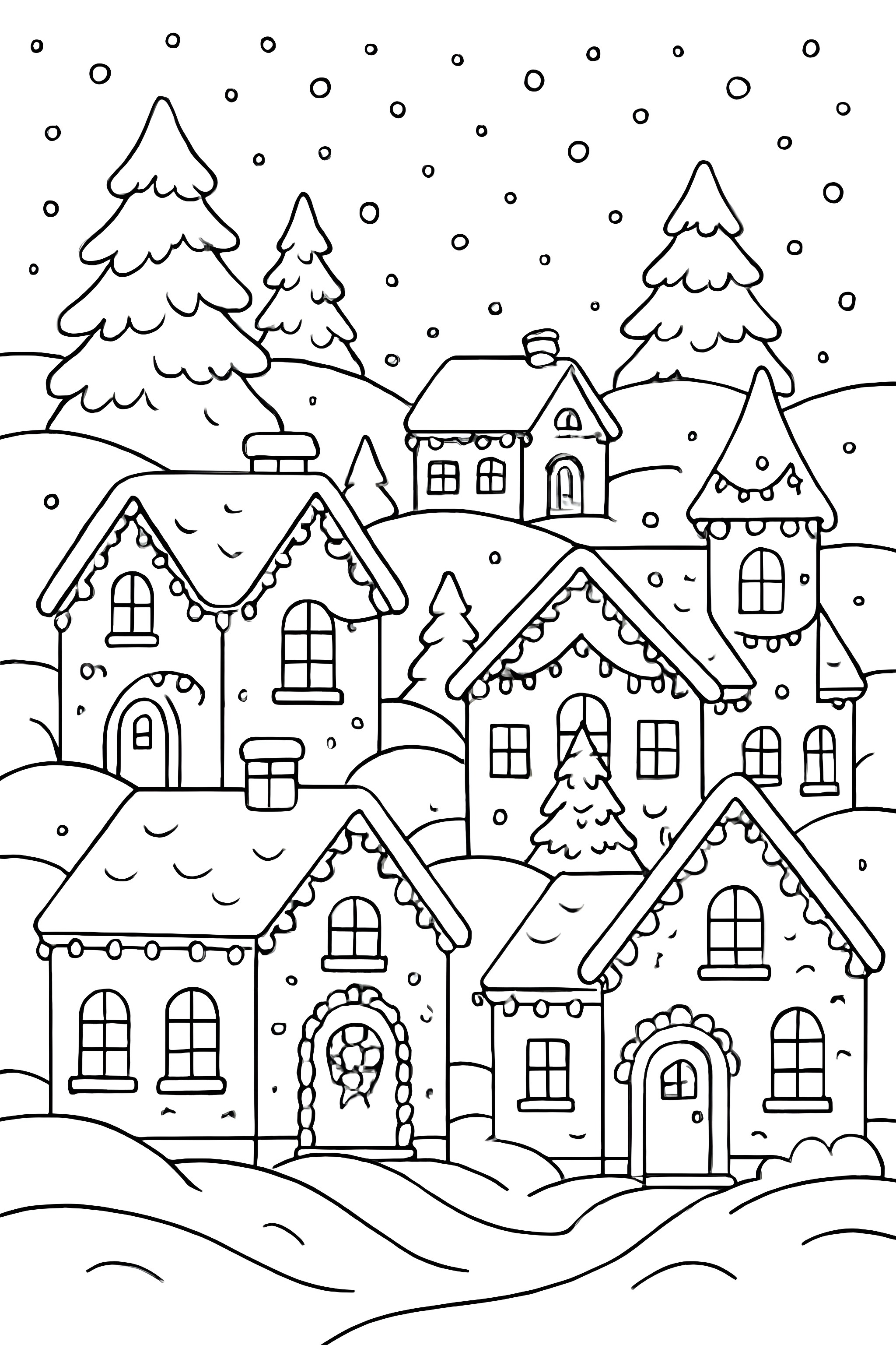 A winter village scene featuring uniquely decorated houses with Christmas lights, snowy hills, and evergreen trees