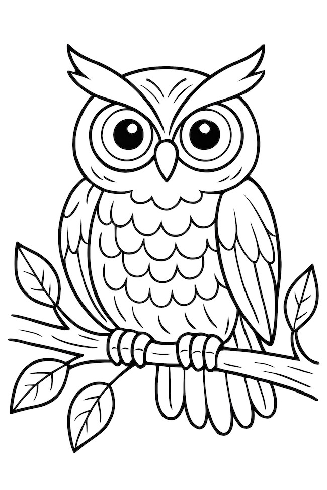 Coloring page of a wise old owl perched on a branch with detailed feathers and leaves