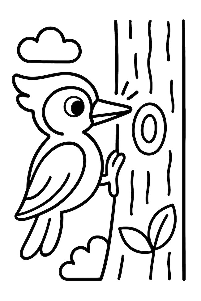 Coloring page of a woodpecker pecking on a tree trunk with clouds and a small plant near the base