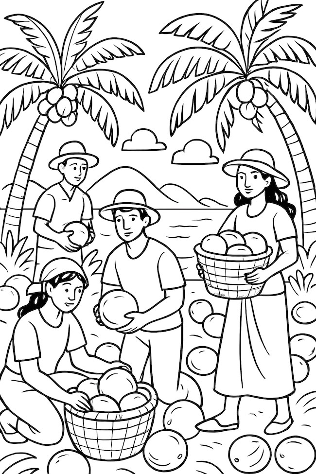 Coloring page depicting workers gathering coconuts with baskets under palm trees on a tropical island