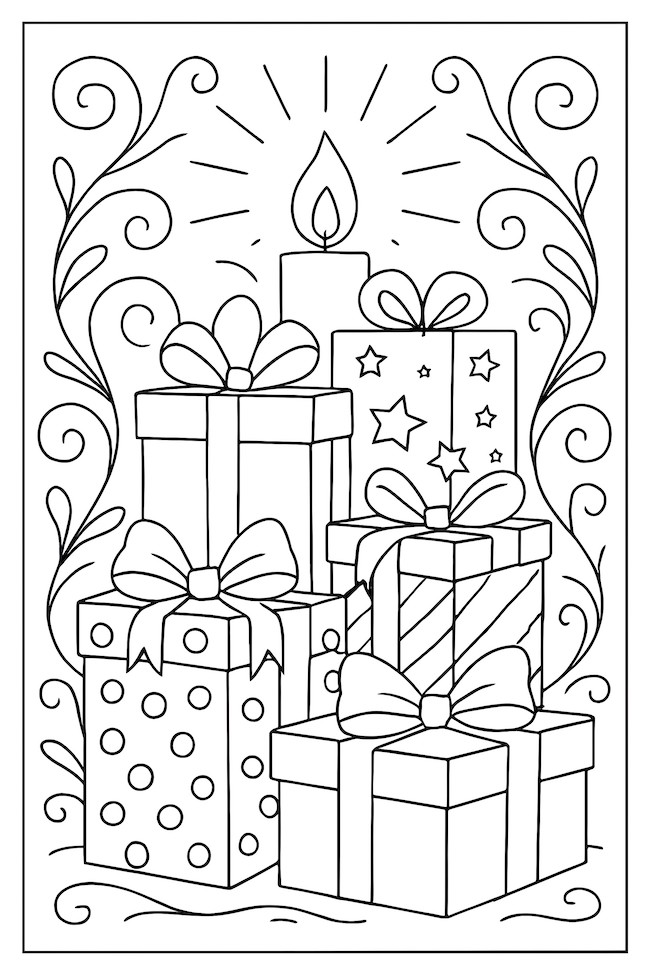 Coloring page of a stack of wrapped presents with decorative bows, illuminated by a glowing candle and surrounded by stylized floral designs