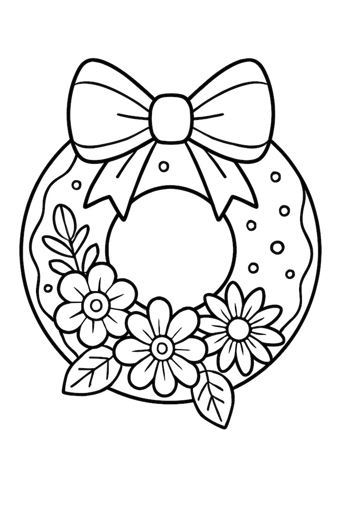 Coloring page of a wreath-shaped cookie decorated with flowers and a bow, featuring an empty center and dotted icing details