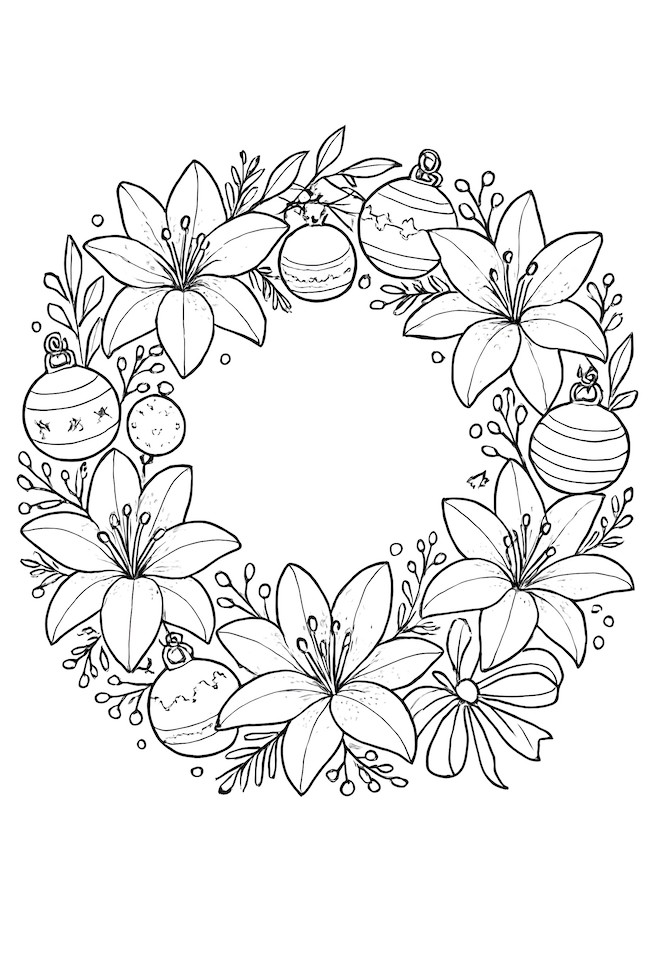 Coloring page featuring a wreath made of white lilies and decorative silver ornaments