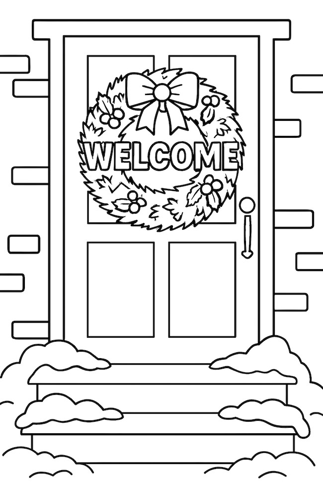 Coloring page of a front door adorned with a wreath featuring flowers and a bow, with snowy steps below