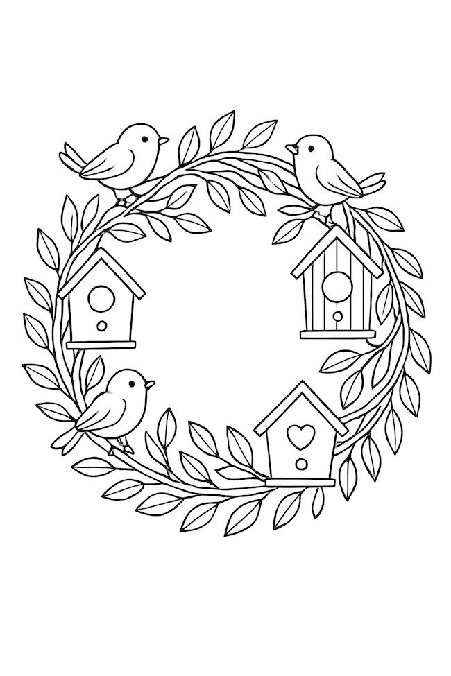 Coloring page of a circular wreath adorned with small birds and three birdhouses, surrounded by leafy branches