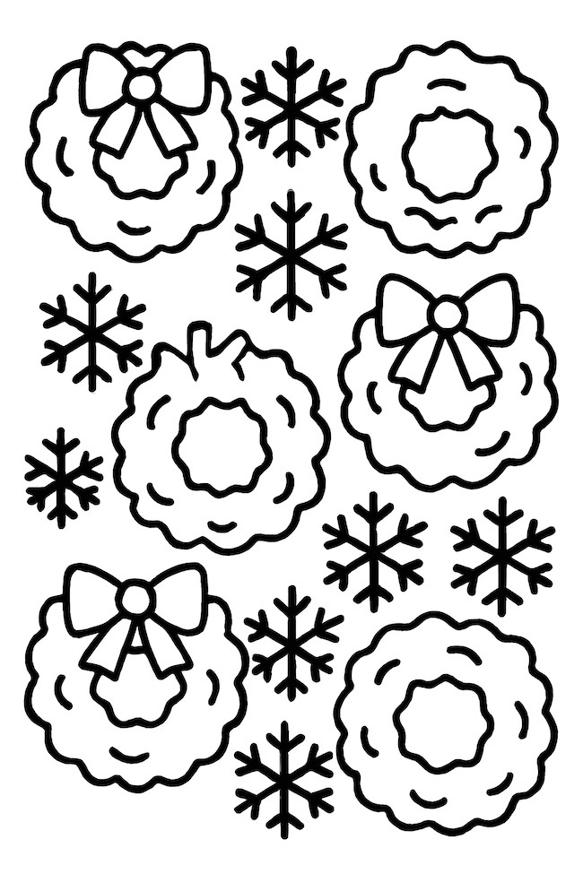 Coloring page of alternating wreaths adorned with bows and snowflakes in a repeated pattern