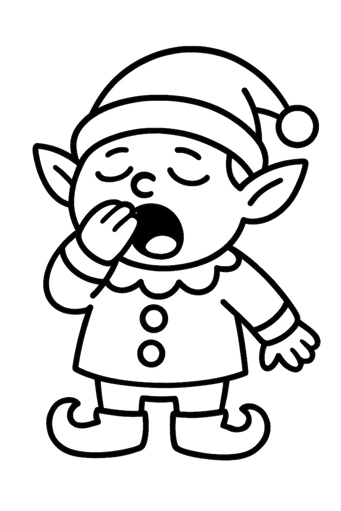 Coloring page of a sleepy elf yawning with droopy eyes, wearing a hat and a buttoned outfit