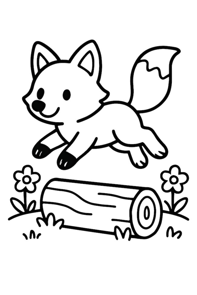 Coloring page of a young fox jumping over a log with flowers in a grassy area