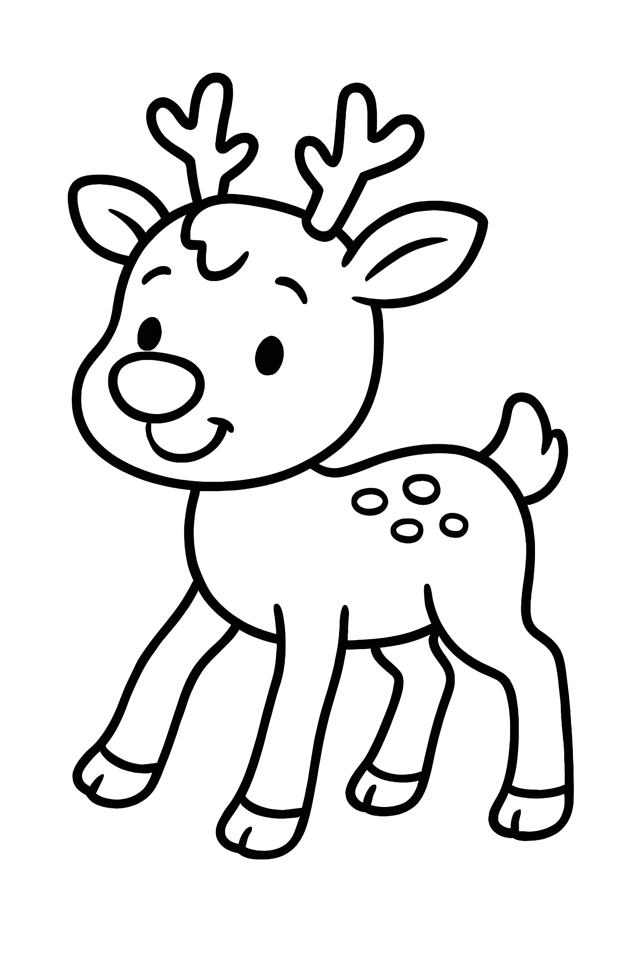 A young reindeer standing on wobbly legs with a cheerful expression and small antlers