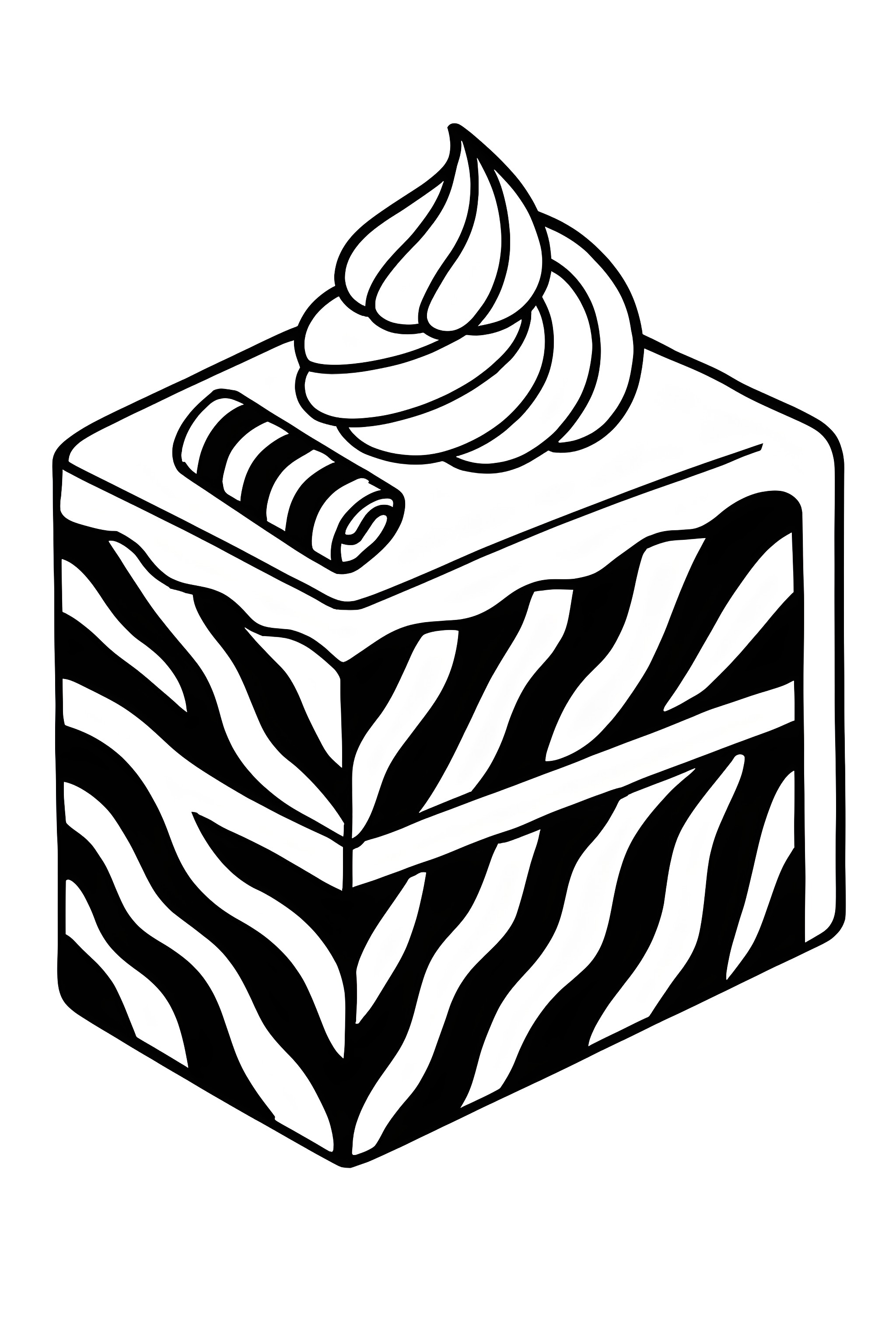 Coloring page of a slice of zebra-striped cake topped with a swirl of whipped cream and a chocolate stick