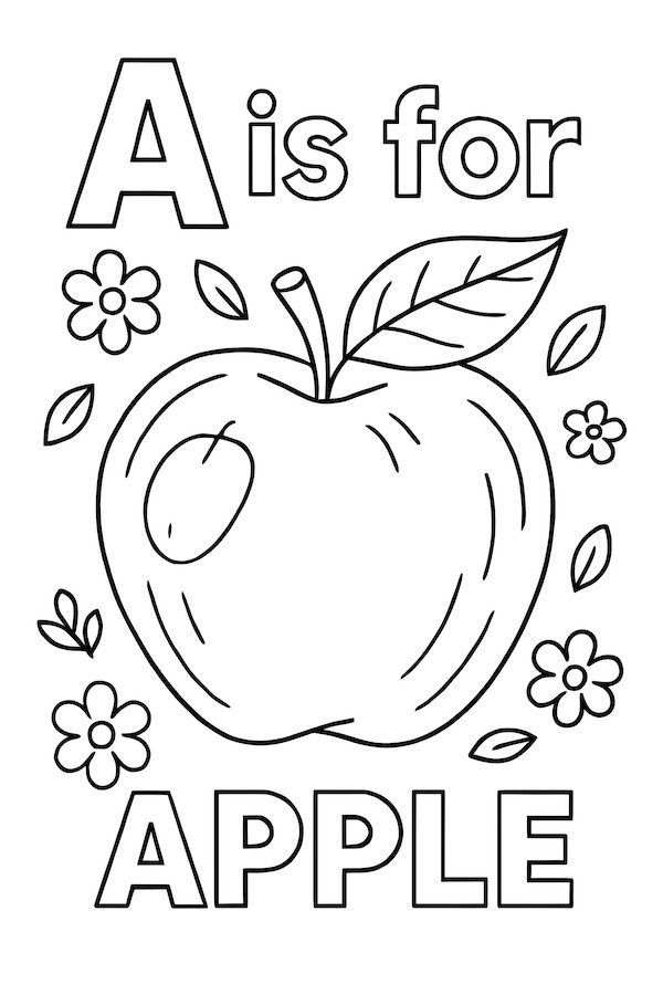 Coloring page of an apple with a leaf, surrounded by flowers, and the text 'A is for APPLE'