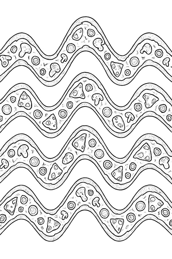 Coloring page of a wavy design featuring pizza crusts with toppings arranged in an abstract pattern