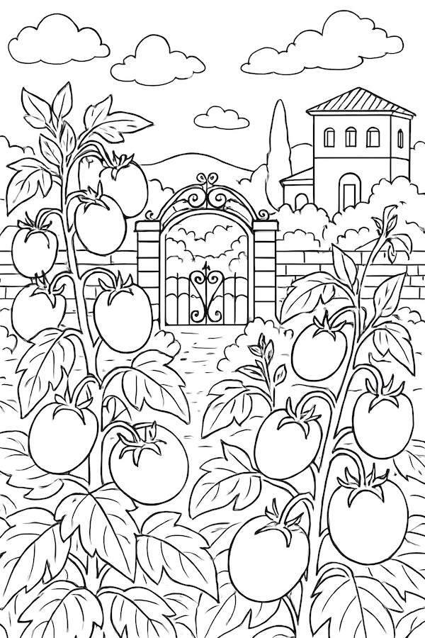 Coloring page of a lush Italian garden with abundant tomato plants, a stone wall, and a villa in the background under a cloudy sky.