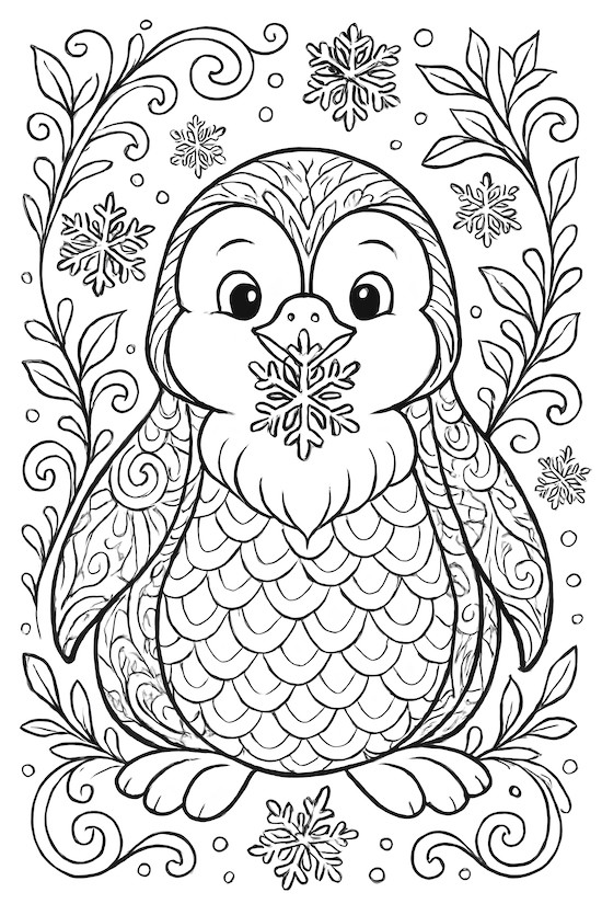 Coloring page of a cute penguin holding a snowflake in its beak, surrounded by decorative swirls and snowflakes