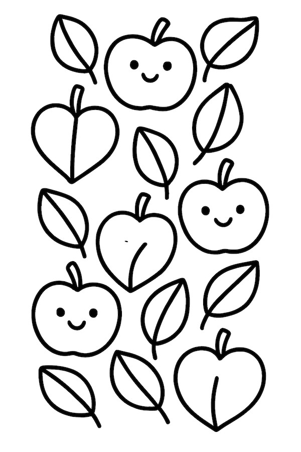 Coloring page featuring a chain of smiling apples interspersed with various leaf designs