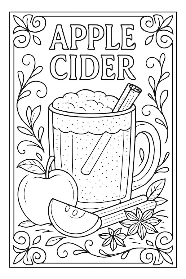 Coloring page of a mug of apple cider with apple slices and cinnamon sticks, surrounded by decorative elements