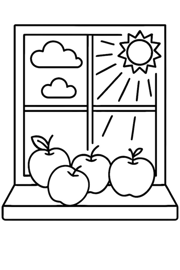 Coloring page of a window sill with five apples and sunlight streaming through a window