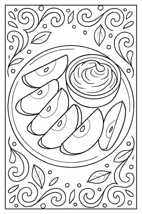 Coloring page of apple slices arranged in a plate next to a small cup of peanut butter dip, with decorative swirls and leaves