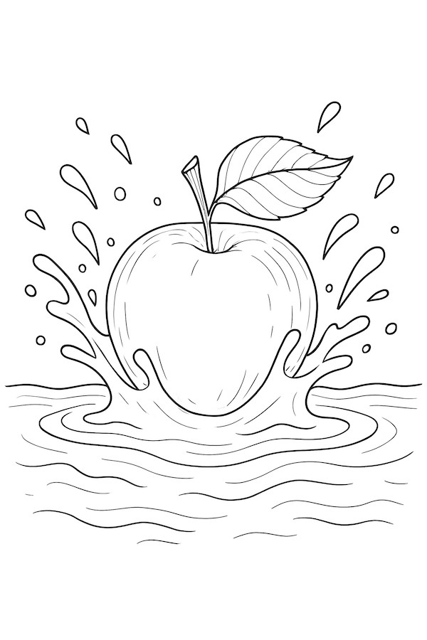Coloring page of an apple splashing into water with droplets and waves