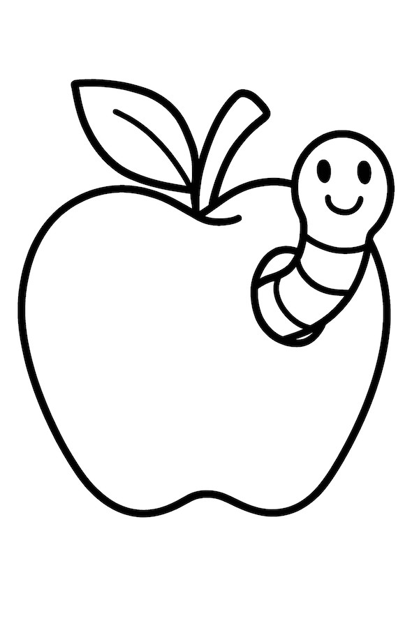 Coloring page of a shiny apple with a cute smiling worm coming out of it