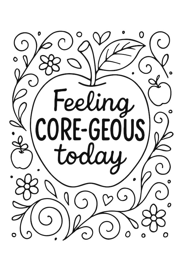 Coloring page featuring a large apple with decorative text saying 'Feeling CORE-GEous today' surrounded by flowers and swirling vines