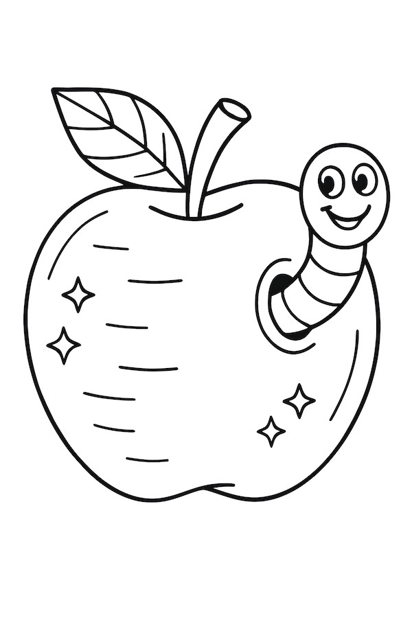 Coloring page featuring an apple with a smiling worm poking out and decorative stars around it