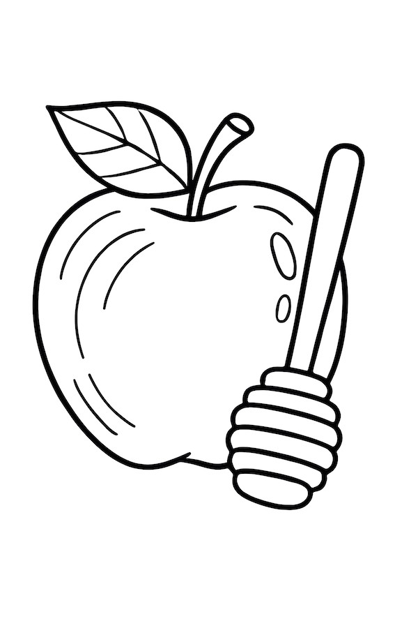 Coloring page of a ripe apple beside a honey dipper with a textured surface