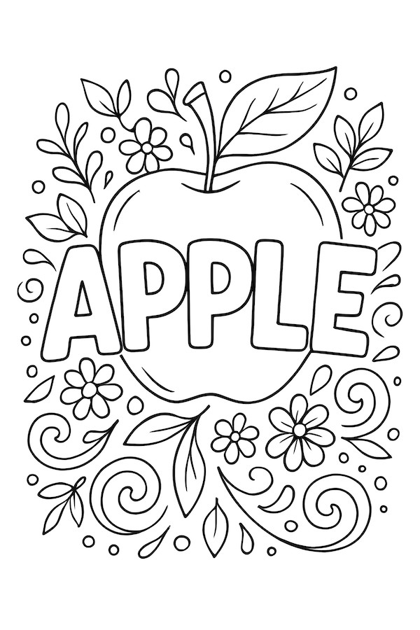 Coloring page featuring an apple shaped design with the word 'APPLE' surrounded by flowers and swirling leaf patterns