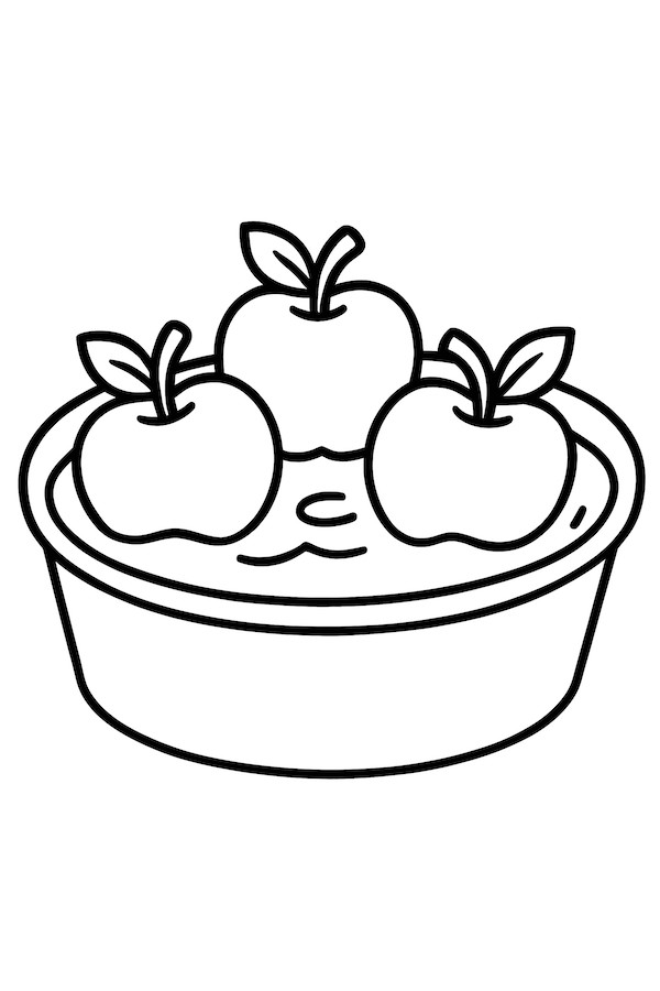 Coloring page of apples floating in a bowl filled with water, showcasing leaves and a rippled water surface