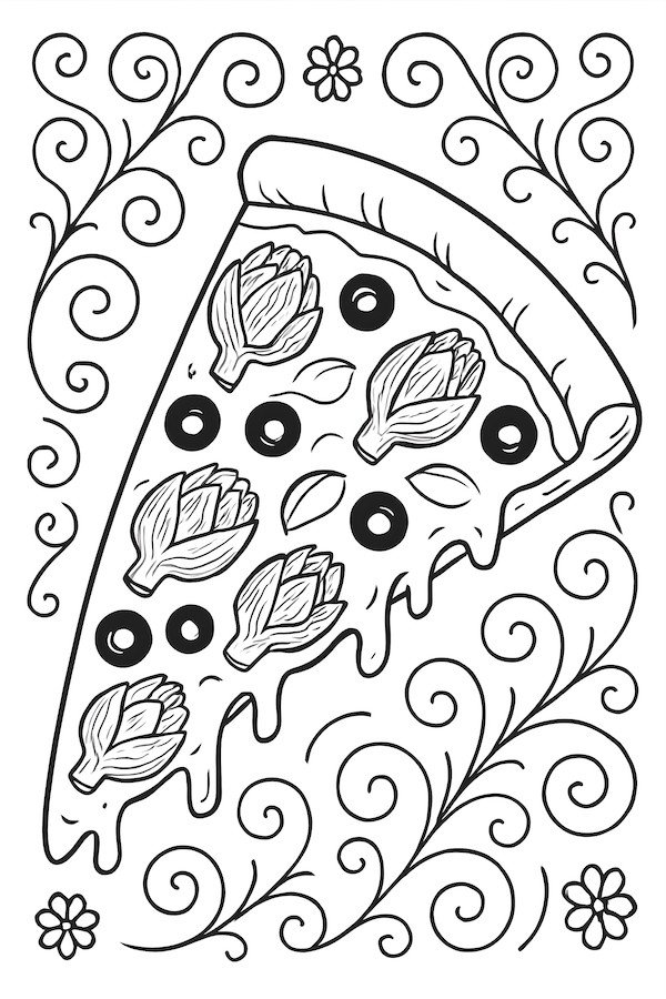 Coloring page of a pizza slice topped with artichokes and black olives, surrounded by decorative swirls and flowers
