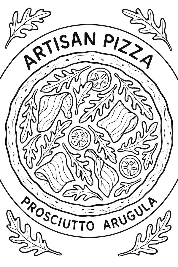 Coloring page of an artisan pizza topped with prosciutto, arugula, and slices of lemon, surrounded by decorative arugula leaves