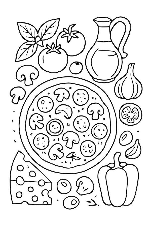 Coloring page showcasing a pizza surrounded by fresh ingredients including tomatoes, mushrooms, bell peppers, basil, and a bottle of olive oil.