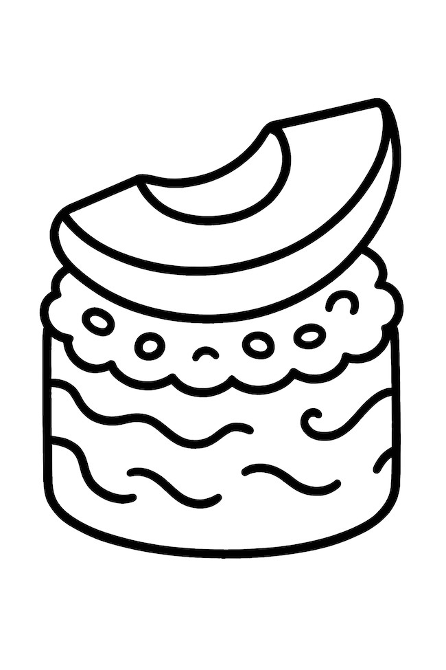 Line art of a creamy avocado slice resting on a sushi roll with decorative toppings