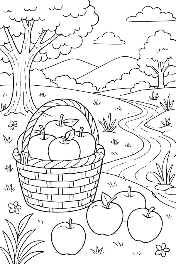 Coloring page featuring a woven basket filled with apples beside a winding stream and trees in a landscape