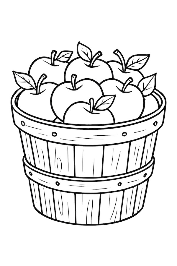 Coloring page of a wooden basket filled with freshly picked apples, showcasing leaves and a natural wood texture
