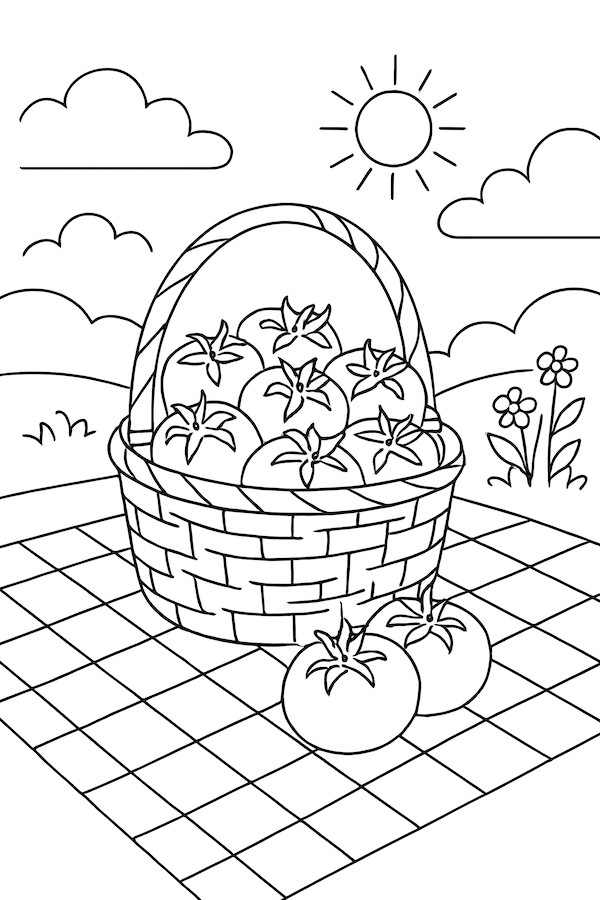 Coloring page of a wicker basket filled with fresh tomatoes, set against a sunny landscape with clouds and flowers