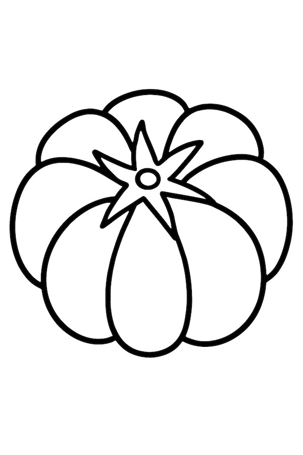 Coloring page of a large beefsteak tomato viewed from above, featuring its distinct ribbed texture and star-shaped stem
