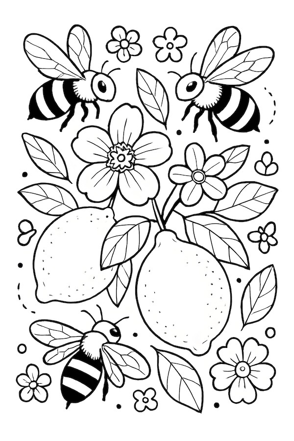 Coloring page featuring bees buzzing around flowers and lemons with leafy branches
