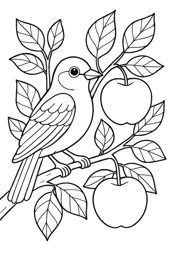Coloring page of a bird perching on a branch with two apples and leaves