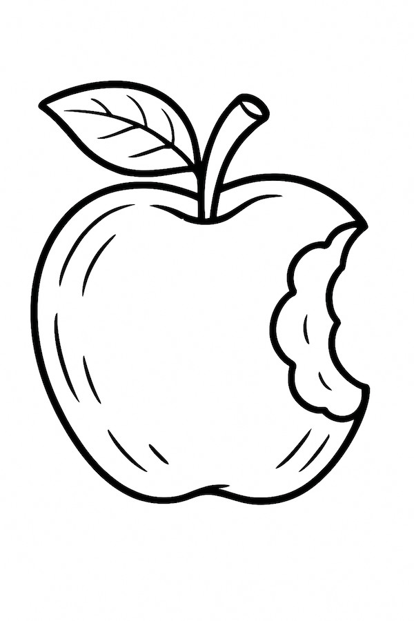 Coloring page of an apple with a bite taken out and a leaf attached