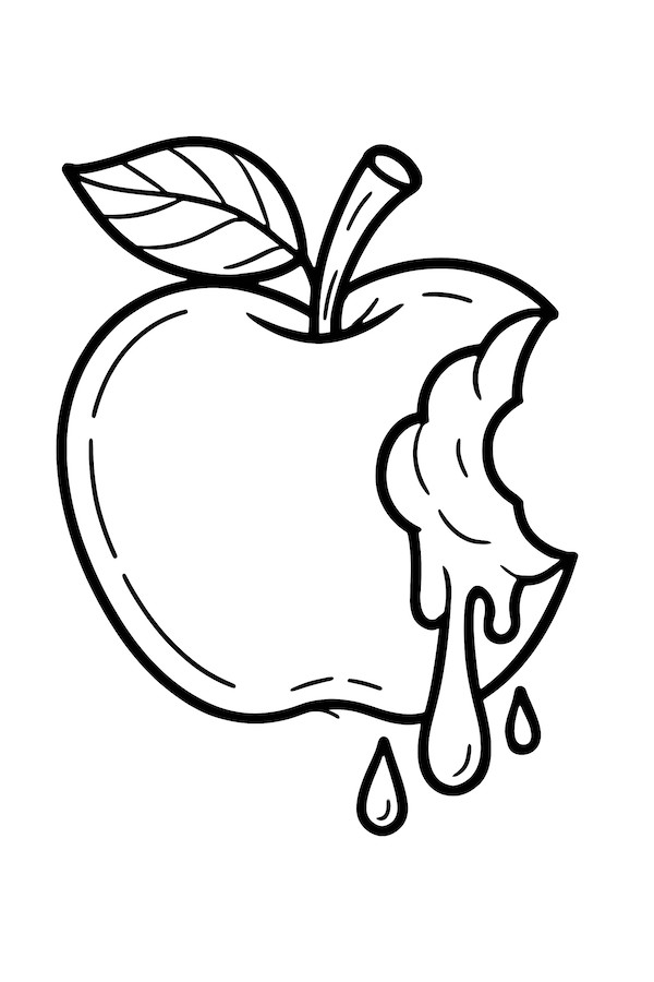 Coloring page of a bitten apple with a dripping section, featuring a leaf and a stem