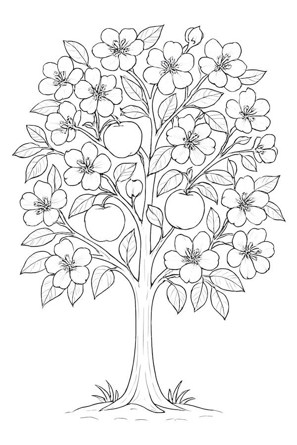 Coloring page of a flourishing apple tree in bloom, featuring blossoms and apples on its branches