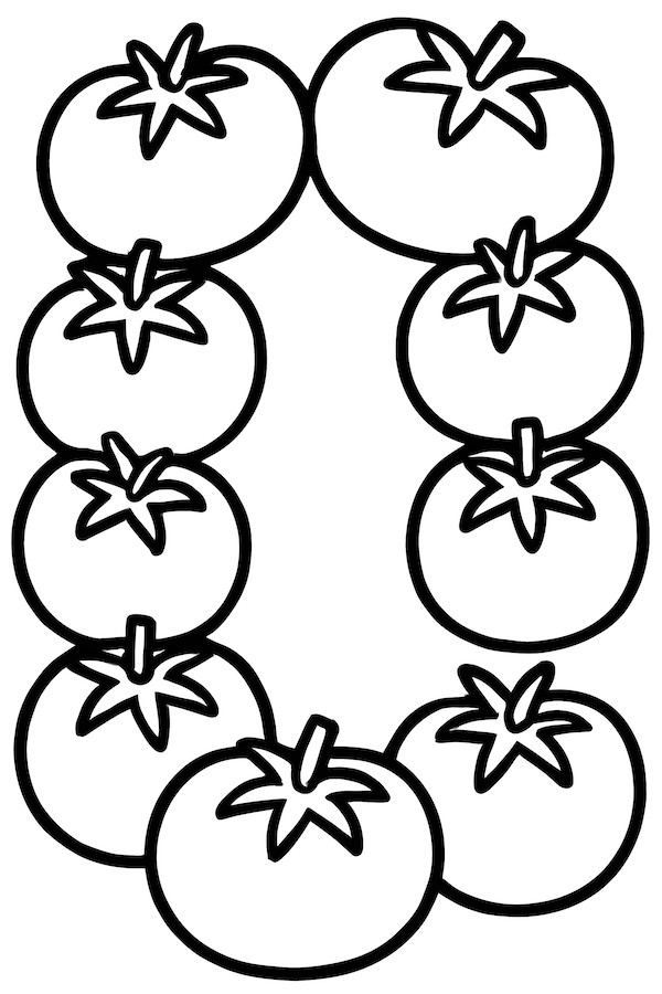 Coloring page with a border design of tomato outlines, showcasing round tomatoes with stems and leaves