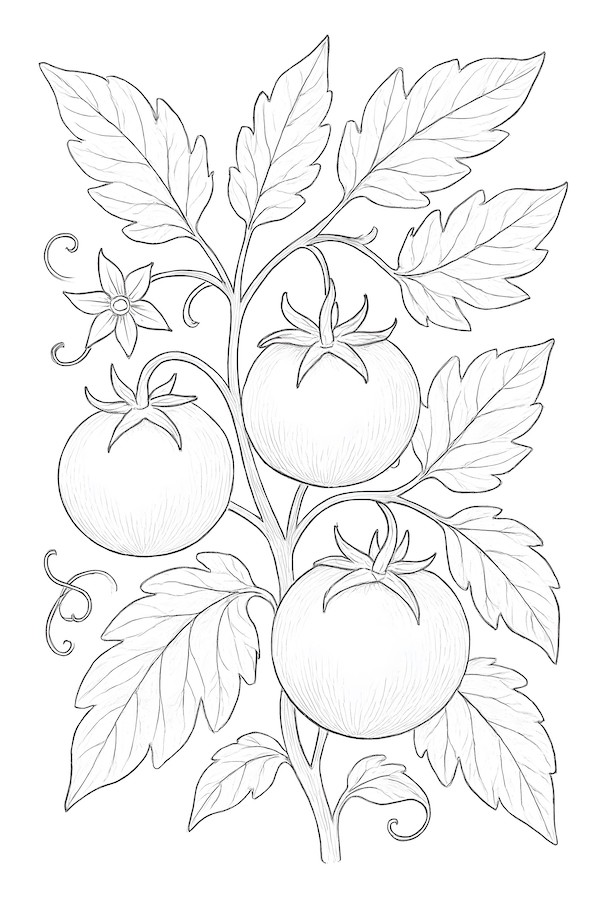 Coloring page depicting a botanical illustration of tomato fruits with leaves and a flower