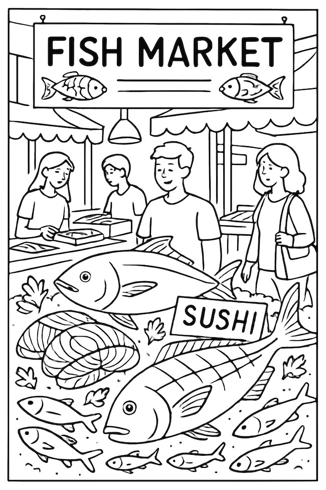 Coloring page of a busy fish market featuring fresh fish and sushi, with customers browsing the display